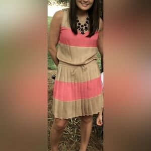 Rare Sleeveless Cache Gently Loved Khaki & Coral Striped Pleated Dress - M